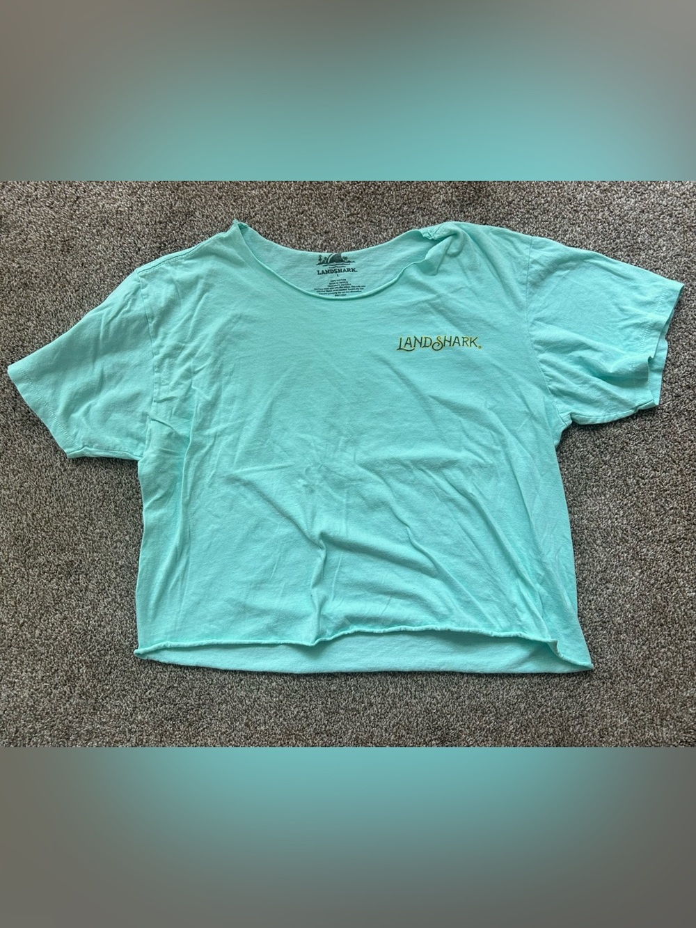 Landshark Shark Graphic Print Jersey T-Shirt Teal Short Sleeve Crop Sz L